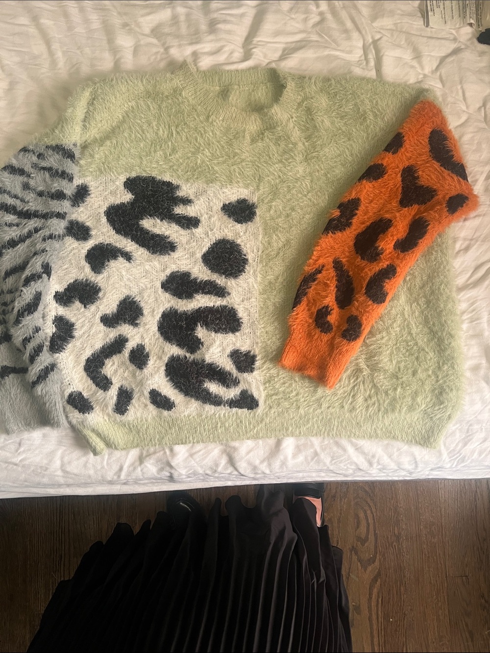 Fuzzy Patchwork Animal Print Sweater in Light Green and Orange